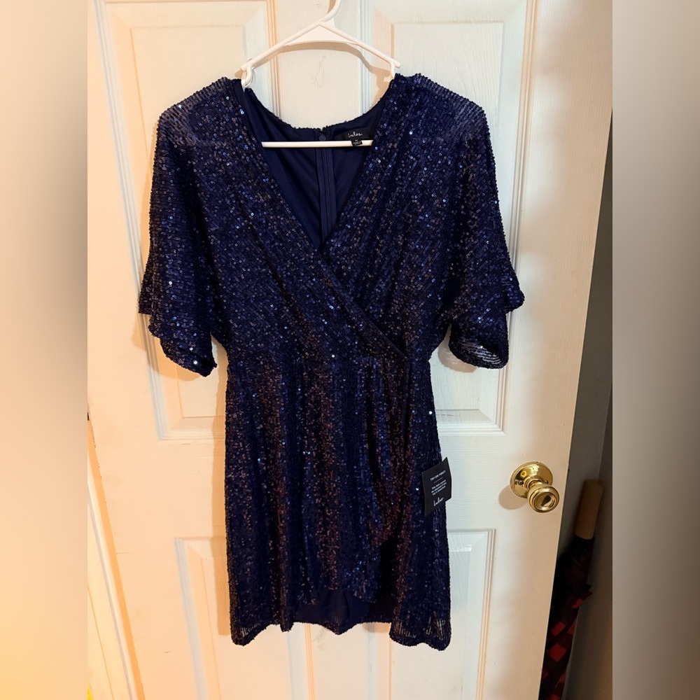 Lulu's Weekender Navy Sequin Faux Wrap Mini Dress